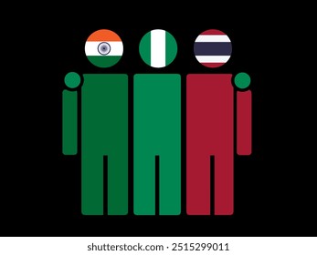 India, Nigeria, and Thailand National Flags With Embracing Body. Vector Illustration. Isolated background.