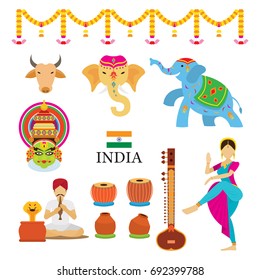 India Objects Icons Set, National Symbols, Travel and Tourist Attraction