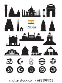 India Objects Icons Silhouette, Architecture Landmarks and Religion Symbol Set