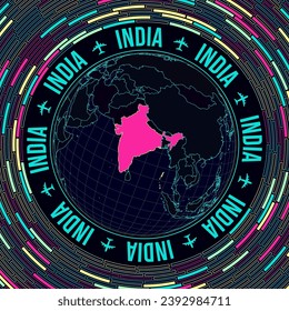 India on globe. Satellite view of the world centered on India. Bright neon style. Futuristic radial bricks background. Modern vector illustration.