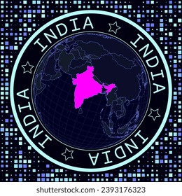 India on globe vector. Futuristic satelite view of the world centered to India. Geographical illustration with shape of country and squares background. Bright neon colors on dark background.