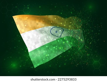 India, on vector 3d flag on green background with polygons and data numbers