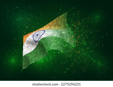 India, on vector 3d flag on green background with polygons and data numbers