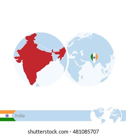 India on world globe with flag and regional map of India. Vector Illustration.