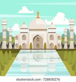 India orthogonal composition with building of taj mahal mausoleum reflected in water of marble pool flat vector illustration