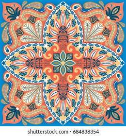 India paisley pattern, decorative textile, wrapping, pillow or kerchief decor. Boho style vector design.