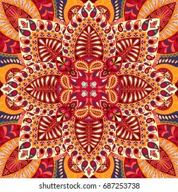 India paisley pattern, decorative textile, wrapping, pillow or kerchief decor. Boho style vector design.