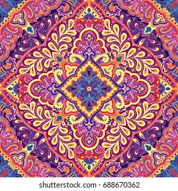 India paisley pattern, decorative textile, wrapping, pillow or kerchief decor. Boho style vector design.