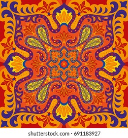 India paisley pattern, decorative textile, wrapping, pillow or kerchief decor. Boho style vector design.