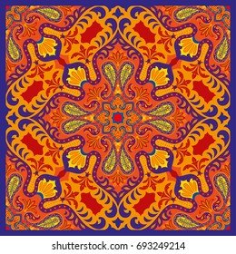 India paisley pattern, decorative textile, wrapping, pillow or kerchief decor. Boho style vector design.