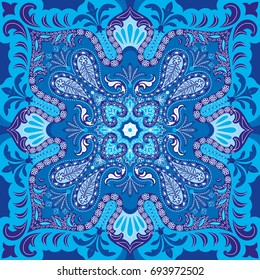 India paisley pattern, decorative textile, wrapping, pillow or kerchief decor. Boho style vector design.