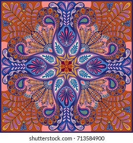 India paisley pattern, decorative textile, wrapping, pillow or kerchief decor. Boho style vector background design.