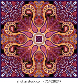 India paisley pattern, decorative textile, wrapping, pillow or kerchief decor. Boho style vector background design.