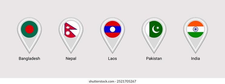 India, Pakistan, Bangladesh, Laos, Nepal flags maps pointers stickers vector illustration. Asian states simple national icons with location sign. Eastern countries markers badges.