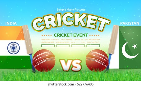 India and Pakistan Cricket Poster Background, Vector Banner, Event Info Postcard Design and Typographic Sports Ad, Card Template, Ball, Stick Illustration