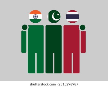 India, Pakistan, and Thailand National Flags With Embracing Body. Vector Illustration. Isolated background.