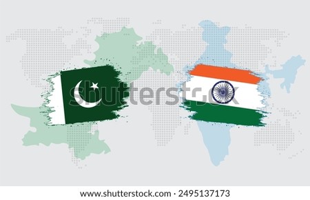 India and Pakistan vector illustration graphics template. India and Pakistan flags , on a grunge world map. EPS Editable File,
