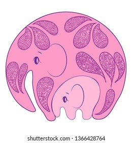 India - parsley patterned elephant, oriental Indian icon and illustration. elephant mama with pink baby together, love, family