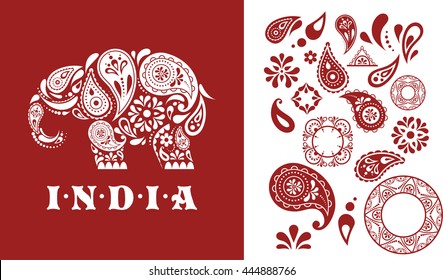 India - parsley patterned elephant, oriental Indian icon and illustration