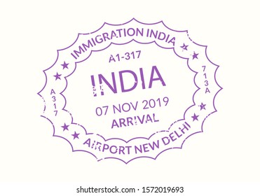 India Passport stamp. Visa stamp for travel. Delhi international airport grunge sign. Immigration, arrival and departure symbol. Vector illustration.