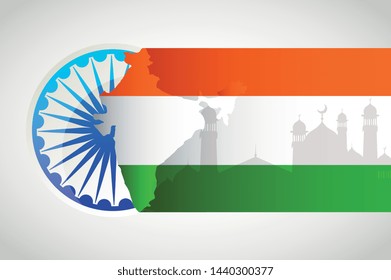 India patriotic emblems independence day flag and wheel on cityscape silhouette frame vector editable image