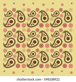 India. Pattern in folk style. The national pattern. Pattern and yellow background. Traditional folk pattern with Paisley. Bright, colorful. Design for textiles, wall hangings, wrapping paper.