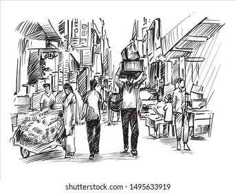 How To Draw A Market Scenery - Project Ark Line Work Art ...