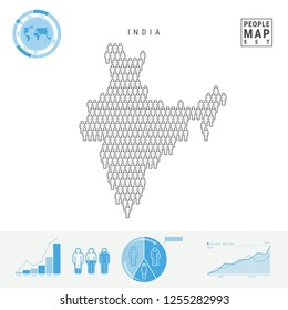 India People Icon Map. People Crowd in the Shape of a Map of India. Stylized Silhouette of India. Population Growth and Aging Infographic Elements. Vector Illustration Isolated on White.