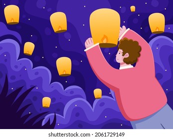 India people releasing lanterns into the sky and launching to celebrating Diwali festival. Hidu India Deepavali tradition. Can be used for postcard, greeting card, banner, web, social media, print,etc