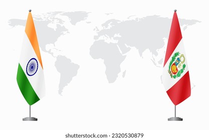 India and Peru flags for official meeting against background of world map.