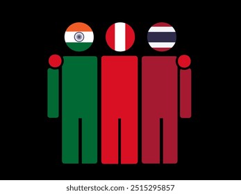 India, Peru, and Thailand National Flags With Embracing Body. Vector Illustration. Isolated background.