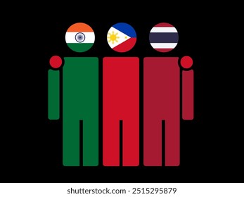 India, Philippines, and Thailand National Flags With Embracing Body. Vector Illustration. Isolated background.