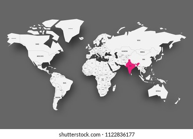India pink highlighted in map of World. Light grey simplified map with dropped shadow on dark grey background. Vector illustration.