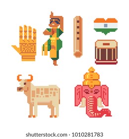India. Pixel art icons set. Travel journey landmark. Symbols country. Stickers design. Drum and pipe. Cow and decorated elephant head. Indian dancing woman character. Isolated vector illustration.