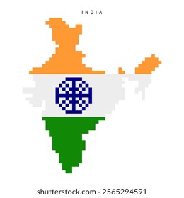 India pixel flag map icon. 8 bit pixel art Indian map covered with flag. Flat vector illustration isolated on white background.