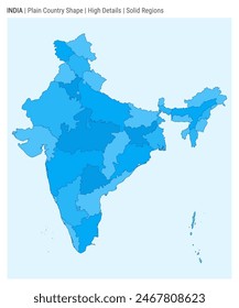 Mapa del país de India. Detalles altos. Estilo Regiones sólidas. Forma de la India. Ilustración vectorial.