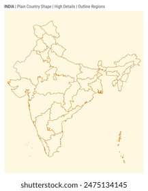 India plain country map. High details. Outline regions style. Shape of India. Vector illustration.