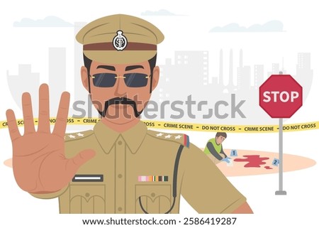 India police man using a hand sign to stop crime scene investigation vector illustration