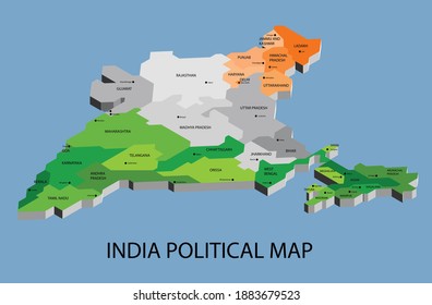 India political isometric map divide by state colorful outline simplicity style. Vector illustration.
