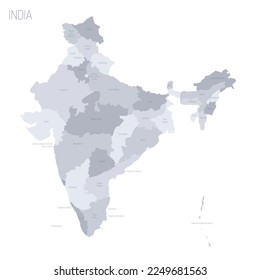 India political map of administrative divisions - states and union teritorries. Grey vector map with labels.