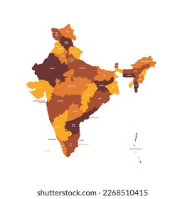 India political map of administrative divisions - states and union teritorries. Flat vector map with name labels. Brown - orange color scheme.