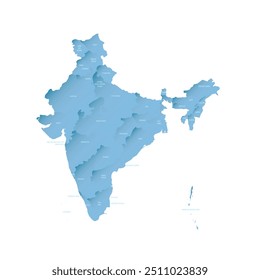 Mapa político de divisões administrativas da Índia - estados e territórios da união. Mapa de vetor sombreado com gradiente azul semelhante a 3D e rótulos de nome