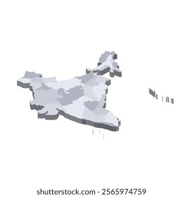 India political map of administrative divisions - states and union teritorries. 3D isometric blank vector map in shades of grey.