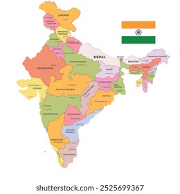 India political map .India’s map showcasing each state in unique colors for clear distinction. India’s national rectangular flag is placed above the map for added identity. India national map .