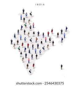 Mapa da população da Índia. Grande grupo de realista uma multidão diversificada de figuras em uma forma de mapa indiano. Ilustração de vetor plano isolada em branco.