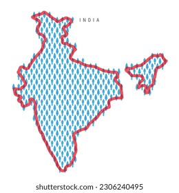 India population map. Stick figures Indian people map with bold red translucent country border. Pattern of men and women icons. Isolated vector illustration. Editable stroke.