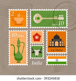 India Postage : Tourist Attraction in Postage Stamps Template : Vector Illustration