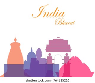 India poster. Famous landmarks and Monuments silhouette. Vector illustration.