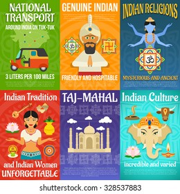 India poster mini set with national transport religions and culture isolated vector illustration