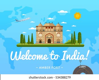 India Poster. Welcome To India Lettering With Amber Fort In Jaipur Famous Building Attraction Vector On Blue World Map Illustration. Travel Poster Inviting To Visit India. Cultural Tour Advertisement
